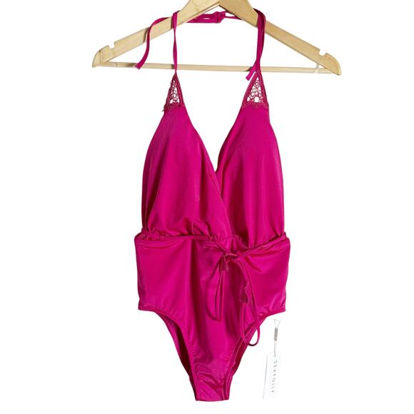 Seafolly Flower Festival Tahiti Pink Deep V Maillot One Piece Swimsuit Size 6 - Picture 3 of 12